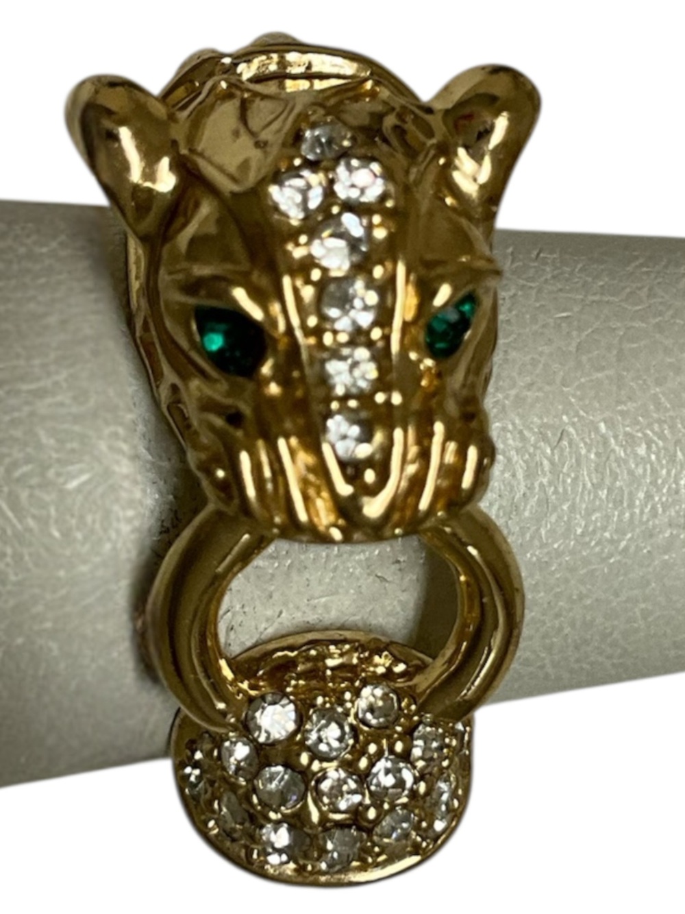 Vintage Banana Republic Panther Ring Gold Tone Rhinestone Green Eyes Statement - Picture 4 of 12